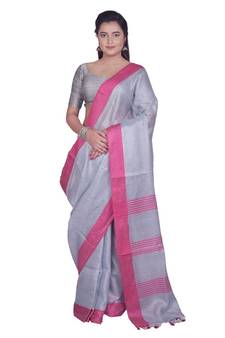 Handcrafted Ash Silver Tissue Linen saree with Pink border