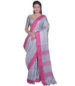 Handcrafted Ash Silver Tissue Linen saree with Pink border
