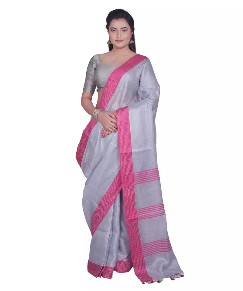 Handcrafted Ash Silver Tissue Linen saree with Pink border