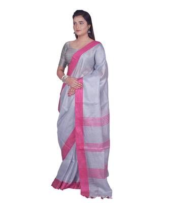 Handcrafted Ash Silver Tissue Linen saree with Pink border 2
