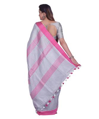Handcrafted Ash Silver Tissue Linen saree with Pink border 3