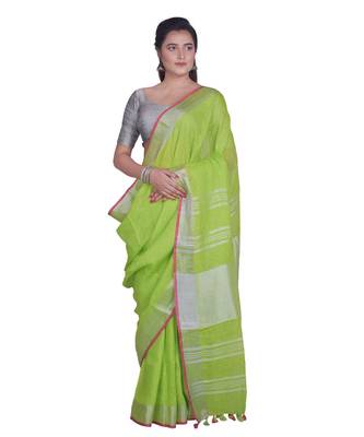 Handcrafted Parrot Green Linen saree with Silver zari border 1