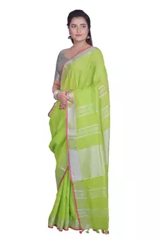 Handcrafted Parrot Green Linen saree with Silver zari border