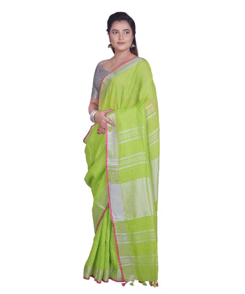 Handcrafted Parrot Green Linen saree with Silver zari border