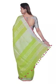 Handcrafted Parrot Green Linen saree with Silver zari border