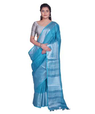 Handcrafted Sky Blue Linen saree with Broad Silver zari border 1