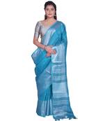 Handcrafted Sky Blue Linen saree with Broad Silver zari border
