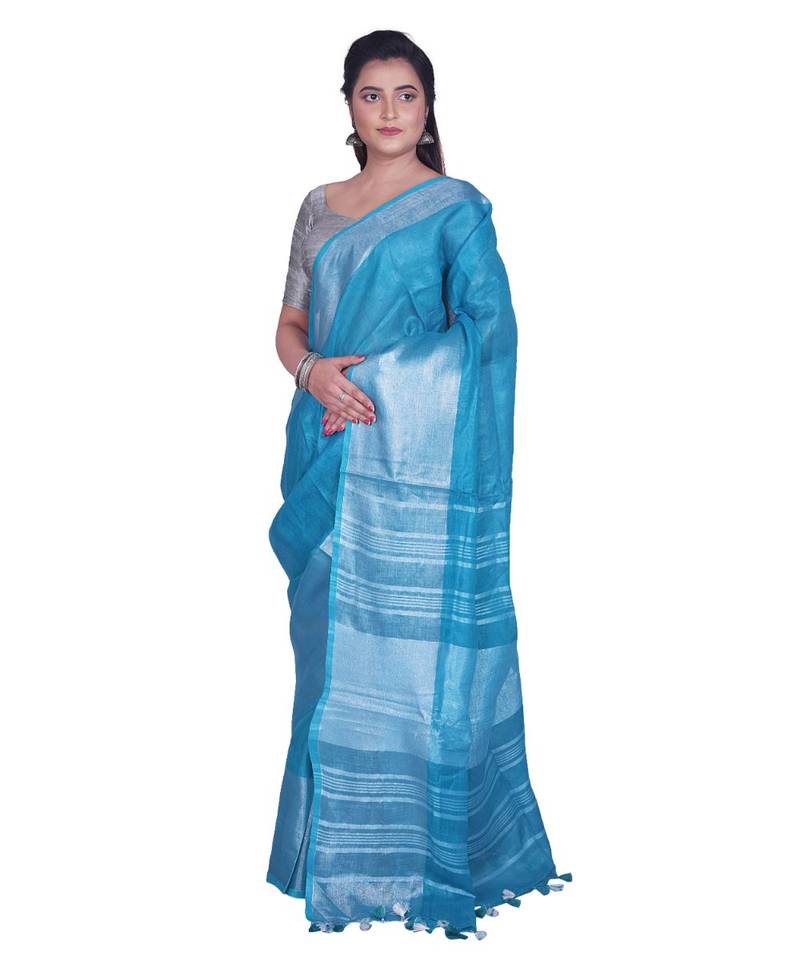 Handcrafted Sky Blue Linen saree with Broad Silver zari border