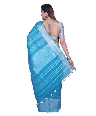 Handcrafted Sky Blue Linen saree with Broad Silver zari border 3