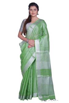 Handcrafted Light Green Silver Tissue Linen saree with silver Zari border