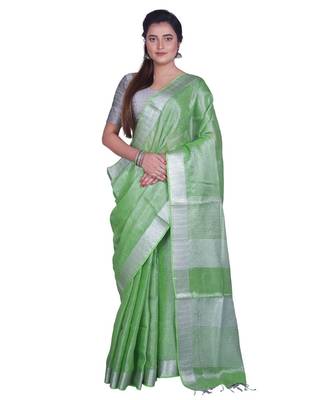 Handcrafted Light Green Silver Tissue Linen saree with silver Zari border 1