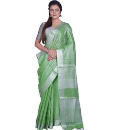 Handcrafted Light Green Silver Tissue Linen saree with silver Zari border
