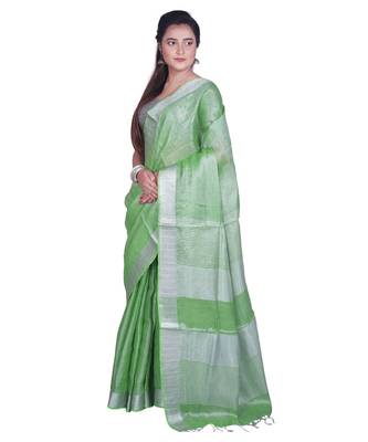 Handcrafted Light Green Silver Tissue Linen saree with silver Zari border 2