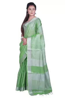 Handcrafted Light Green Silver Tissue Linen saree with silver Zari border