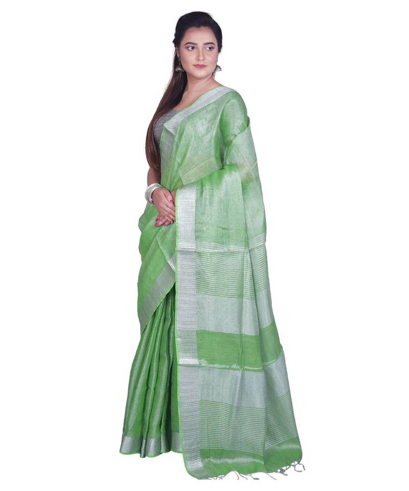 Handcrafted Light Green Silver Tissue Linen saree with silver Zari border