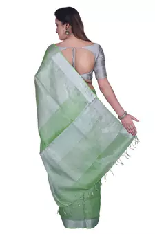 Handcrafted Light Green Silver Tissue Linen saree with silver Zari border