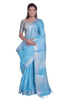 Handcrafted Sky Blue Tissue Linen saree with silver Zari border