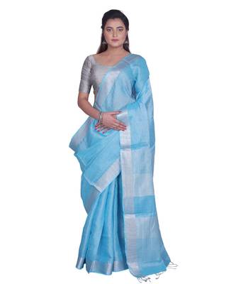 Handcrafted Sky Blue Tissue Linen saree with silver Zari border 1