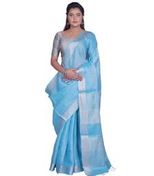 Handcrafted Sky Blue Tissue Linen saree with silver Zari border