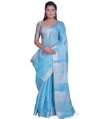 Handcrafted Sky Blue Tissue Linen saree with silver Zari border