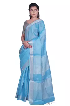 Handcrafted Sky Blue Tissue Linen saree with silver Zari border