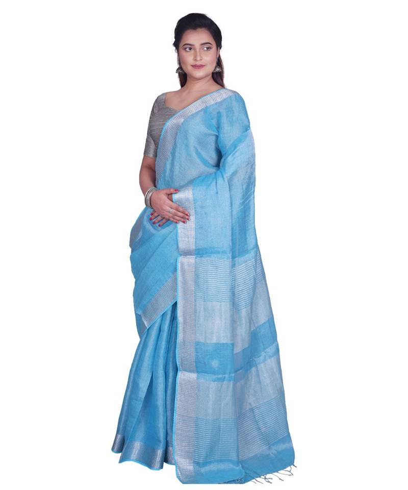Handcrafted Sky Blue Tissue Linen saree with silver Zari border