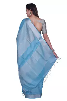 Handcrafted Sky Blue Tissue Linen saree with silver Zari border