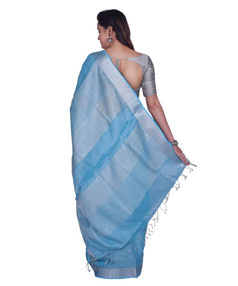 Handcrafted Sky Blue Tissue Linen saree with silver Zari border