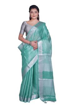 Handcrafted Sea Green Tissue Linen saree with silver Zari border
