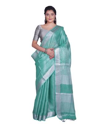 Handcrafted Sea Green Tissue Linen saree with silver Zari border 1