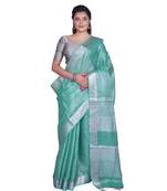 Handcrafted Sea Green Tissue Linen saree with silver Zari border