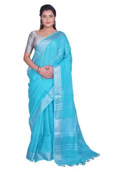 Handcrafted Blue Linen saree with Silver zari border