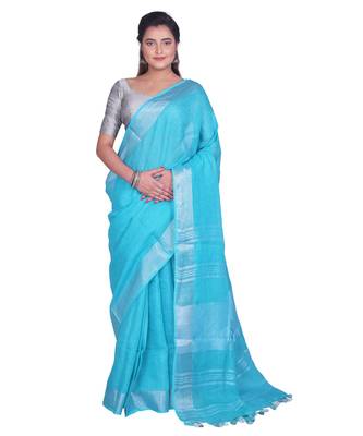 Handcrafted Blue Linen saree with Silver zari border 1