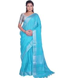 Handcrafted Blue Linen saree with Silver zari border