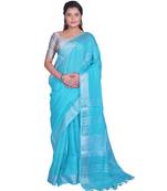 Handcrafted Blue Linen saree with Silver zari border