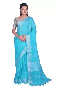 Handcrafted Blue Linen saree with Silver zari border