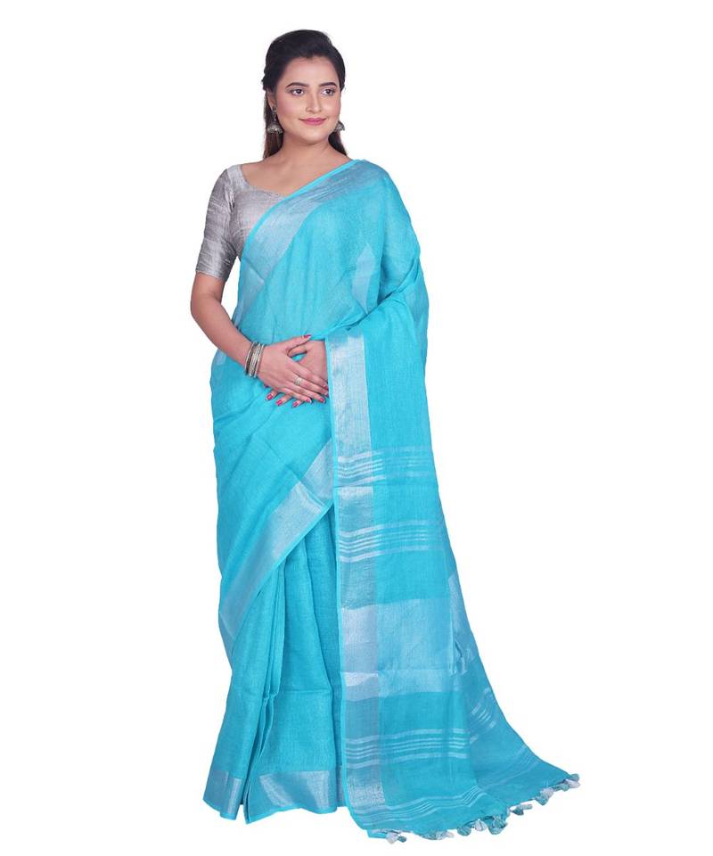Handcrafted Blue Linen saree with Silver zari border