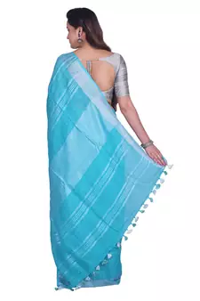 Handcrafted Blue Linen saree with Silver zari border