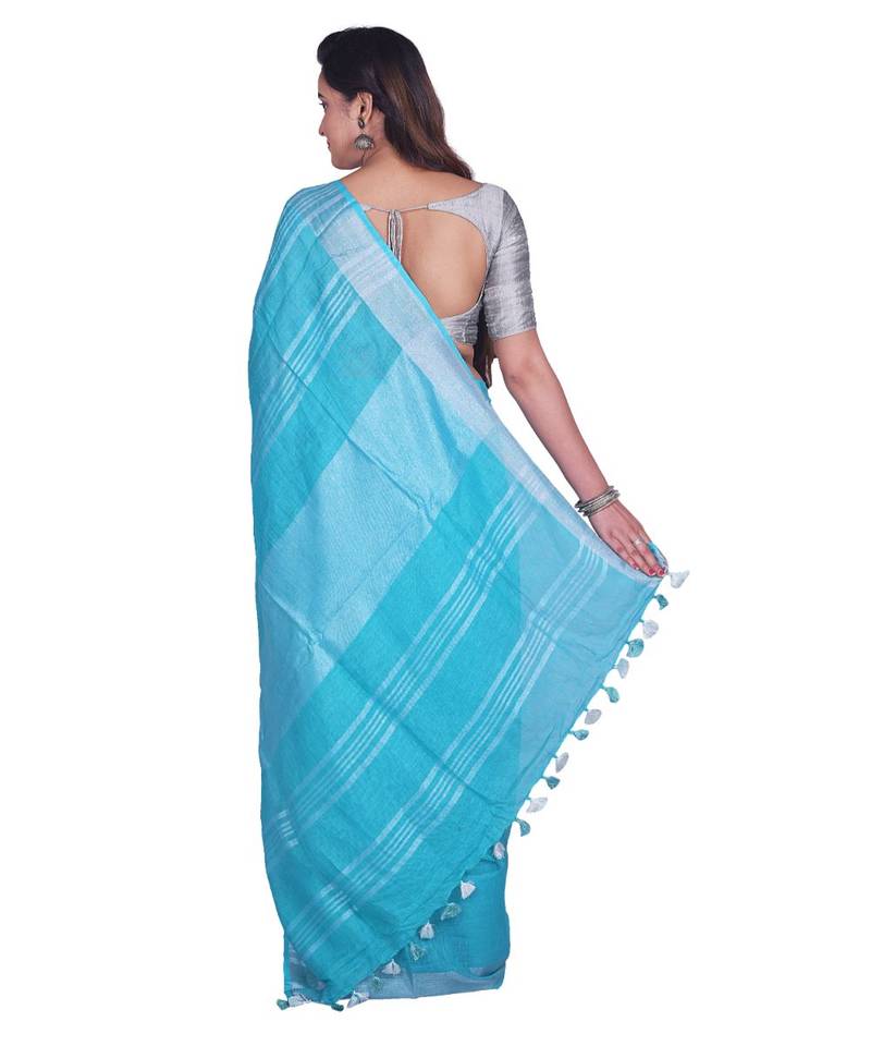 Handcrafted Blue Linen saree with Silver zari border