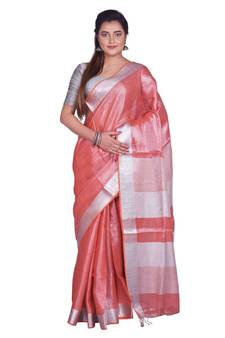 Handcrafted Rust Orange Shade Tissue Linen saree with silver Zari border