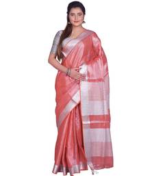 Handcrafted Rust Orange Shade Tissue Linen saree with silver Zari border
