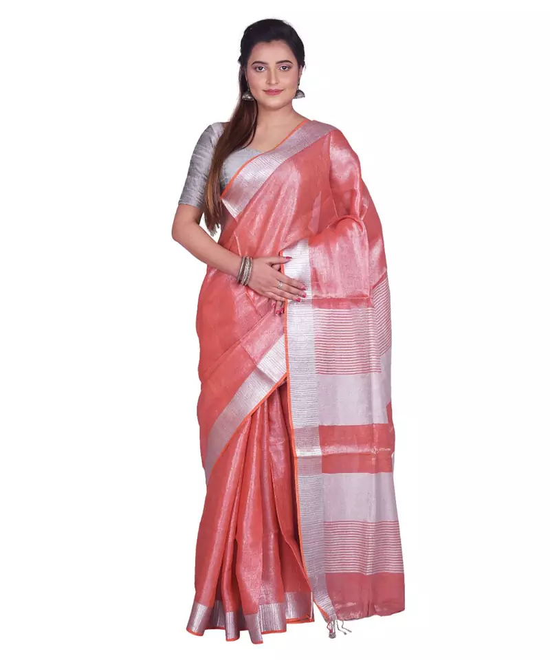 Handcrafted Rust Orange Shade Tissue Linen saree with silver Zari border