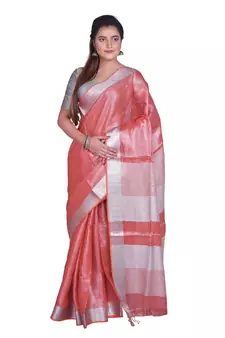 Handcrafted Rust Orange Shade Tissue Linen saree with silver Zari border
