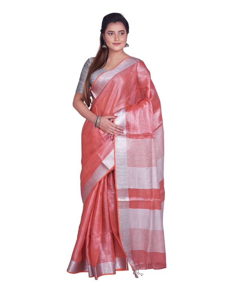 Handcrafted Rust Orange Shade Tissue Linen saree with silver Zari border
