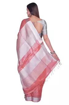 Handcrafted Rust Orange Shade Tissue Linen saree with silver Zari border