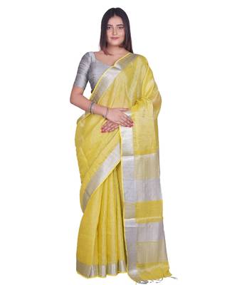 Handcrafted Lemon Yellow Tissue Linen saree with silver Zari border 1