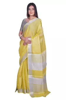 Handcrafted Lemon Yellow Tissue Linen saree with silver Zari border