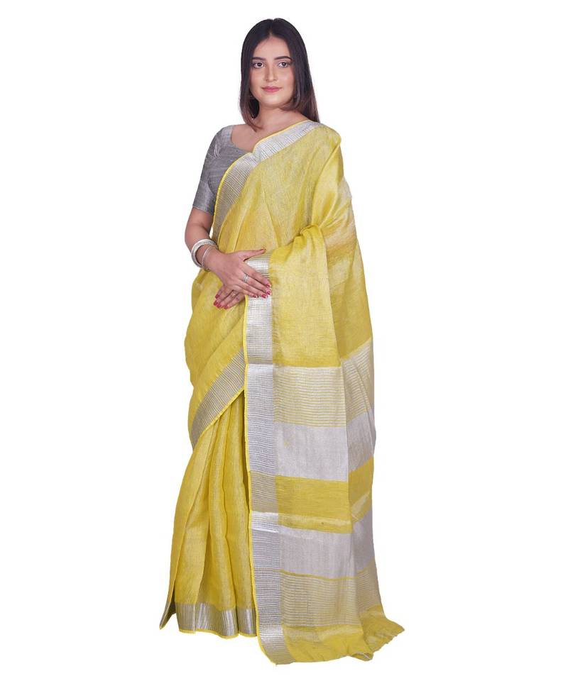 Handcrafted Lemon Yellow Tissue Linen saree with silver Zari border