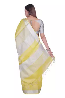 Handcrafted Lemon Yellow Tissue Linen saree with silver Zari border