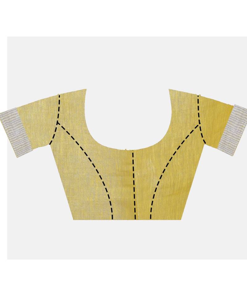 Handcrafted Lemon Yellow Tissue Linen saree with silver Zari border